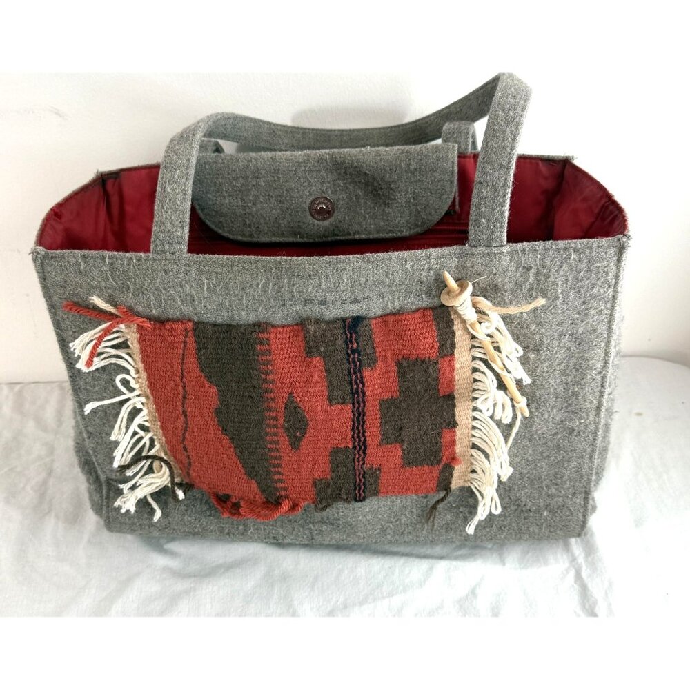 J. Ferrar Gray & Red Wool Tote Bag With Southwestern Woven Accent & Snap Closure